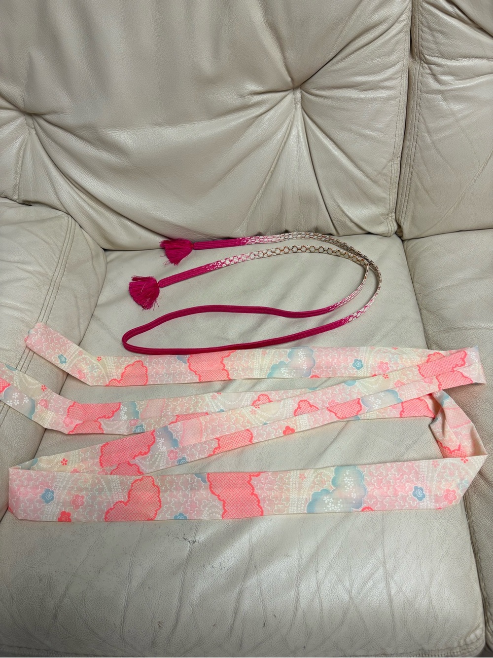 Set of 2 Obijime for Obi Belt Rope Cream Fabric Tie Pink Floral